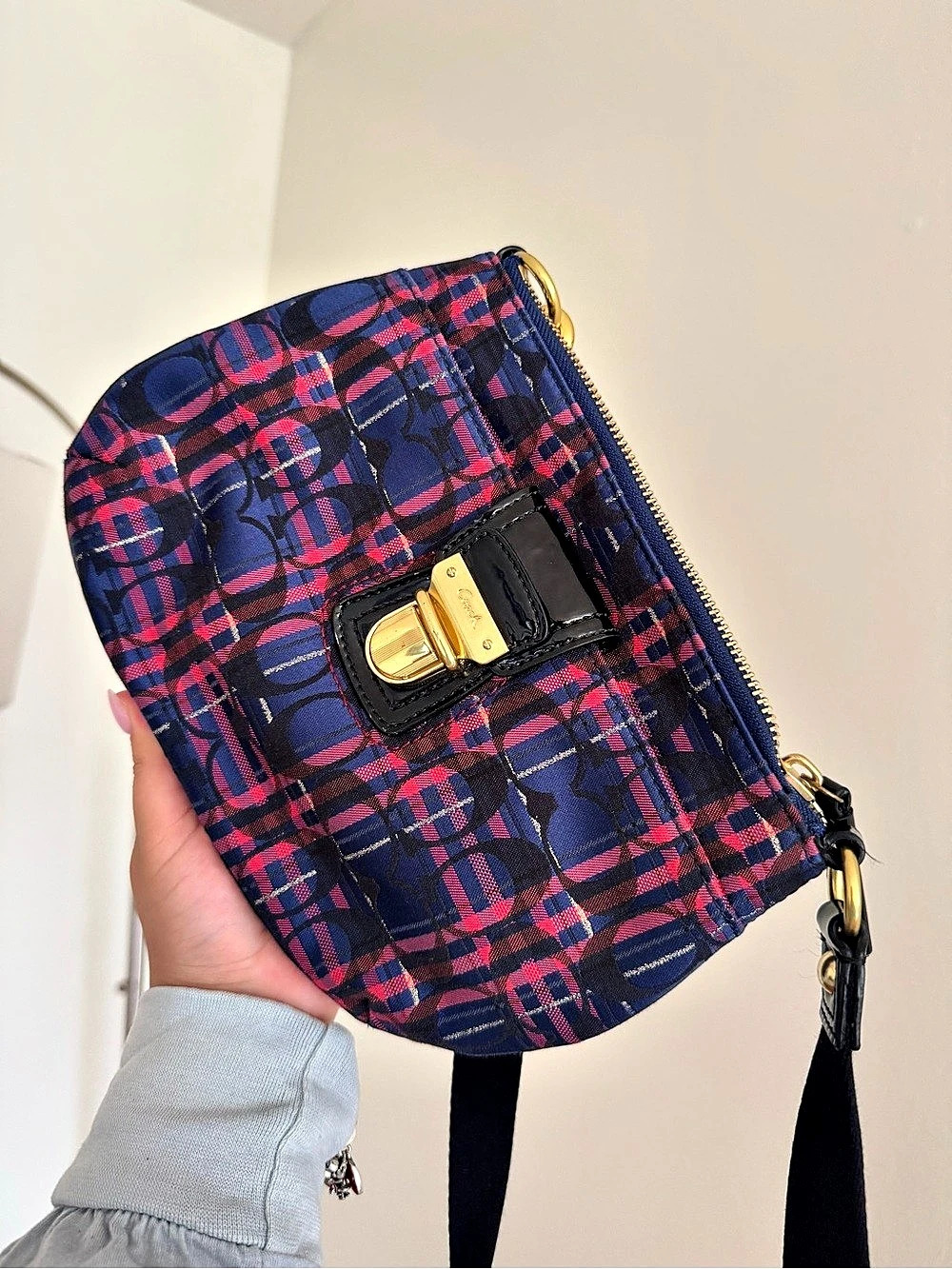 Coach Poppy Tartan Plaid Signature Swingpack Crossbody Bag Blue & Red